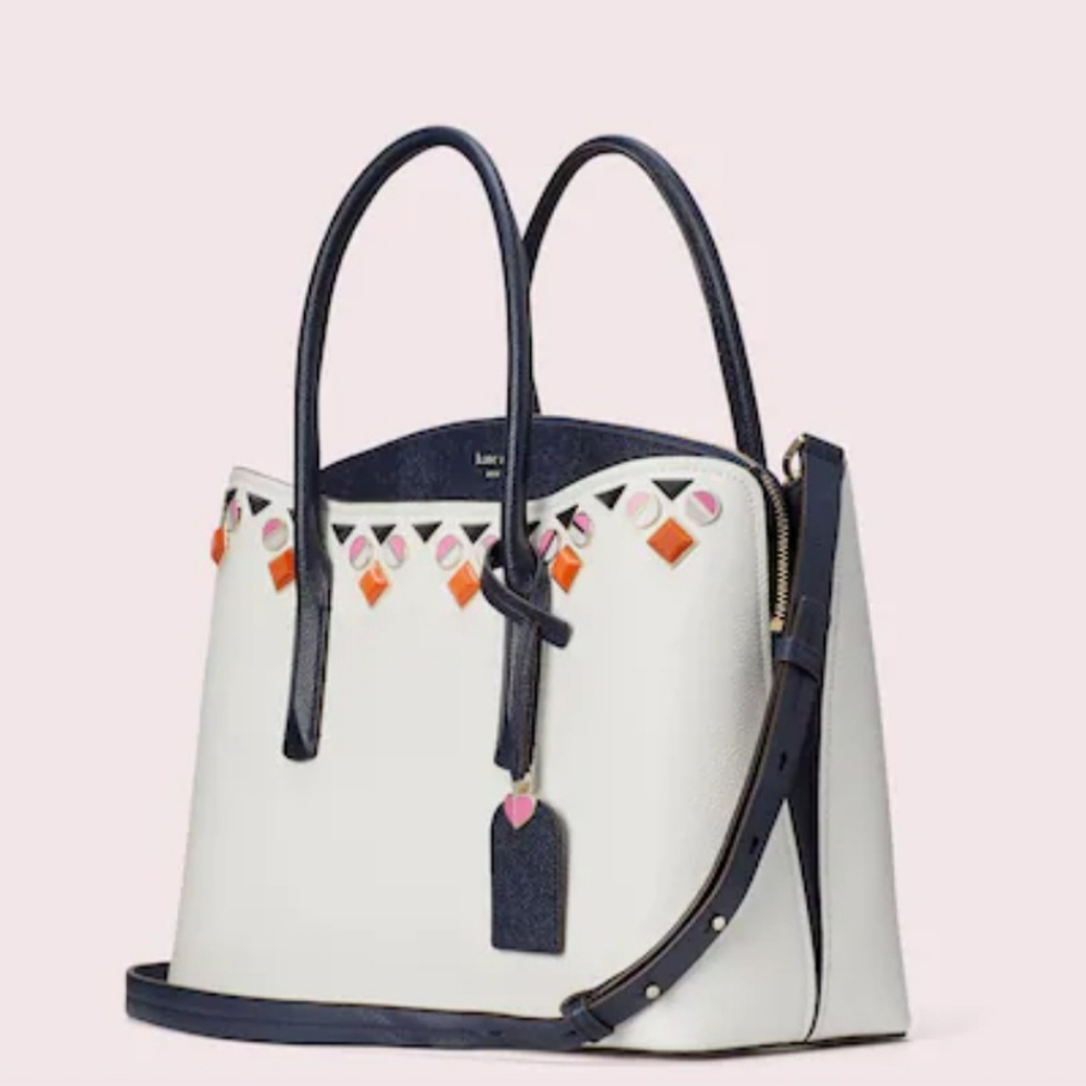 KATE SPADE MARGAUX JEWELED MEDIUM LEATHER PURSE White & Navy satchel/cro…